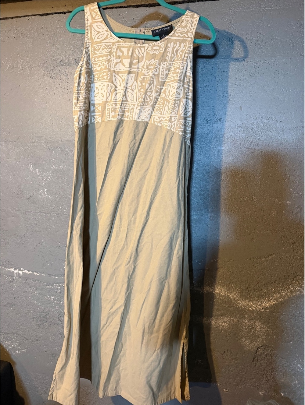 Excitation Beige Cotton Sleeveless Maxi Dress with White Print